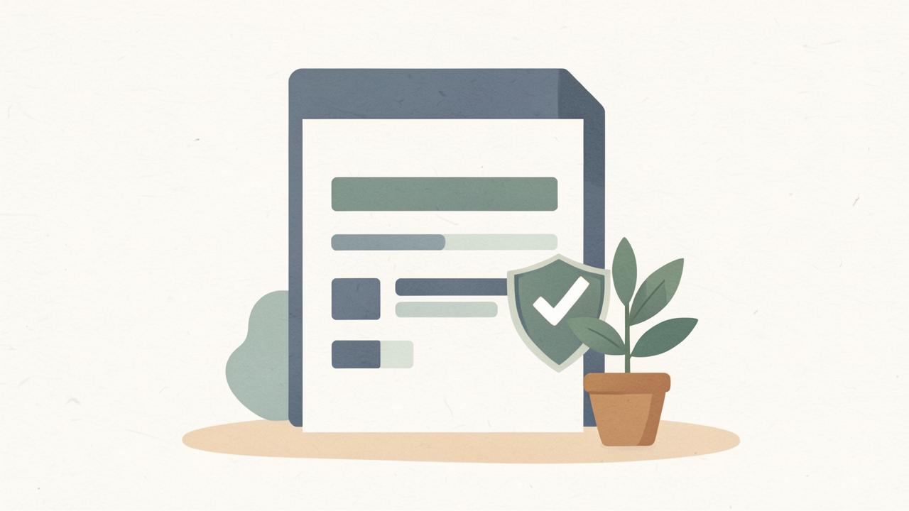 Illustration of a document page with a shield and checkmark beside a small plant