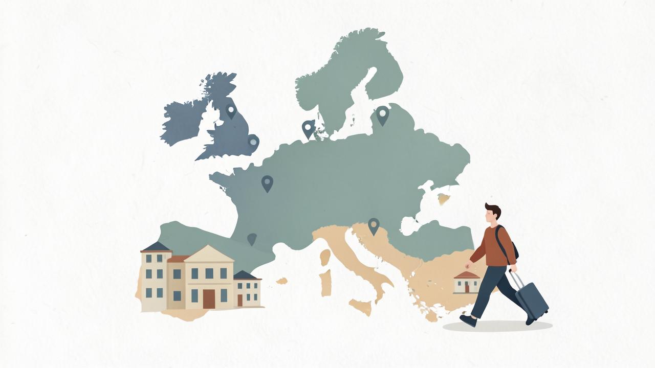 Illustration of a map of Europe with location pins, university buildings and a student with a suitcase