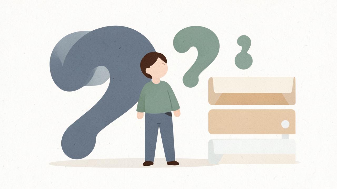 Illustration of a person beside large question marks and stacked answer cards