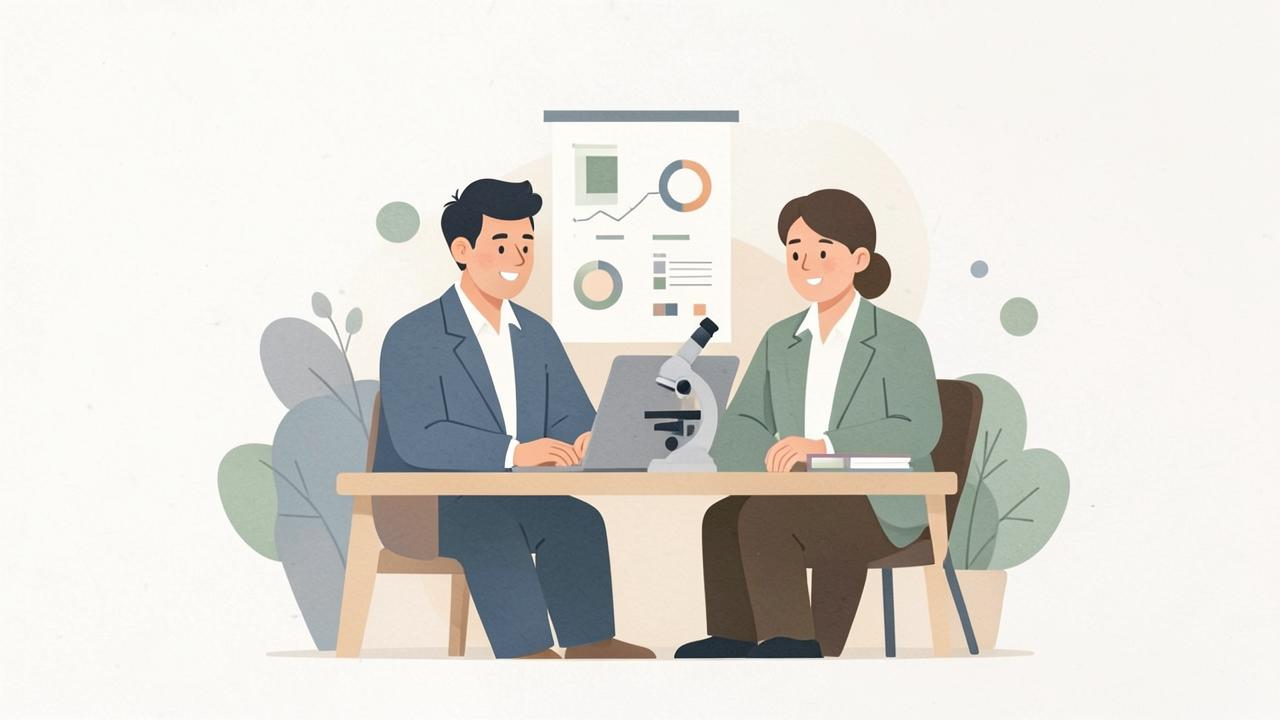 Illustration of two academics working at a desk with a laptop, research poster and microscope