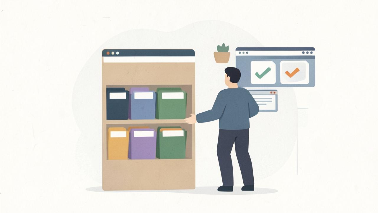 Illustration of a person browsing a shelf of labelled folders beside open browser windows