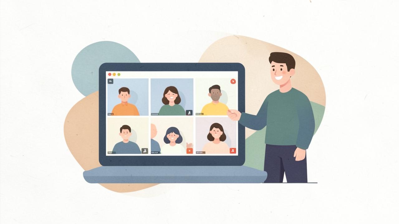 Illustration of a laptop showing an online session with participants and a presenter